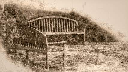 Sketch of Two Empty Park Benches Waiting for a Visitor