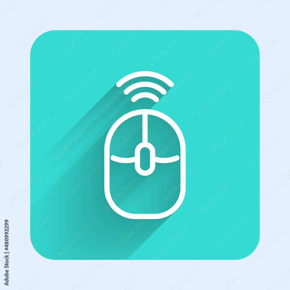 Poster white line wireless computer mouse icon isolated with long shadow background. optical with wheel sym