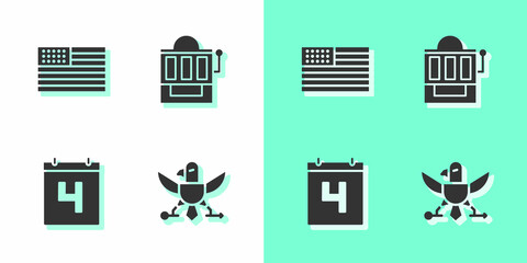 Set Eagle, American flag, Calendar with date July 4 and Slot machine icon. Vector