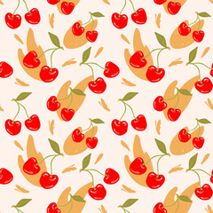 Seamless modern pattern with cherries and splashes in hand drawn style. Vector summer pattern in red