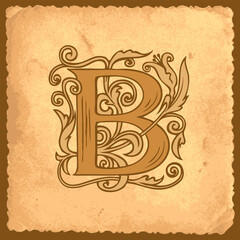 Beautiful initial letter B with Baroque decorations on an old paper background in vintage style. Capital letter B with filigree design to use for monogram, logo, emblem, greeting card, invitation