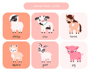 Animal cards for preschool children: cow, horse, pig, alpaca, goat, sheep. Vector illustration