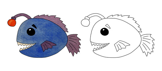 Blue predatory fish with purple fins. Watercolor and outline on a white background cartoon hand drawn illustrations