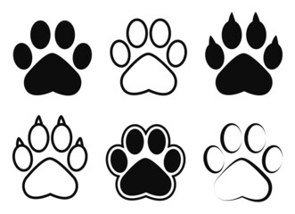Fototapeta premium Set of animal paw print. Paw prints, icon. Vector paw. Dog, puppy, cat, bear, wolf. Legs. Foot prints.