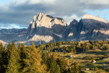 View of Seiser Alm plateau with Sassolungo and Sassopiatto mountains. South Tyrol, Italy.