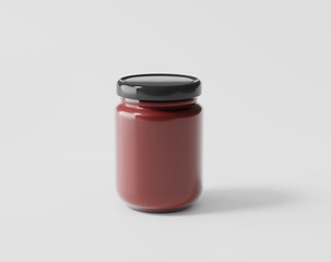 Bottled jam on a white background, glass bottle with label