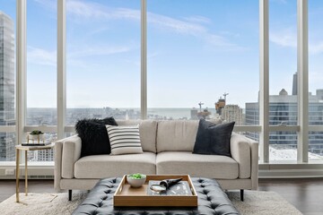 Stylish Penthouse Living Room with Skyline Views of City and Lakefront - obrazy, fototapety, plakaty