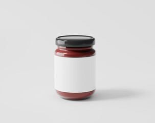 Bottled jam on a white background, glass bottle with label