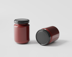 Bottled jam on a white background, glass bottle with label