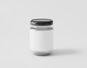 Bottled jam on a white background, glass bottle with label