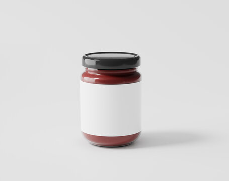 Bottled jam on a white background, glass bottle with label