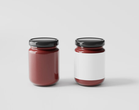 Bottled jam on a white background, glass bottle with label