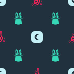Set Magic staff, Moon and stars and Magician hat rabbit ears on seamless pattern. Vector