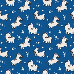 Seamless pattern with cute hand drawn zebras. Design for fabric, textile, wallpaper, packaging, decorating a nursery.	