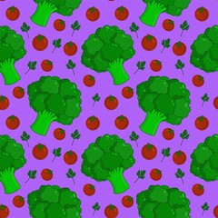 Vector pattern of tomatoes, broccoli, parsley.