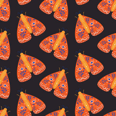 Vintage vector butterflies seamless pattern. Background with folk mystical moths with flowers, leaves and branches. Abstract boho insects for textile, wrapping paper, wallpaper
