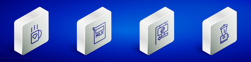 Set Isometric line Coffee cup and heart, Paper package for milk, Street signboard coffee and Electric grinder icon. Vector