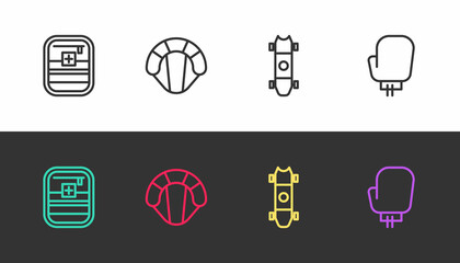 Set line First aid kit, Parachute, Longboard or skateboard and Boxing glove on black and white. Vector