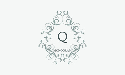 Decorative monogram with the initials Q. Logo template with exquisite elements and floral ornaments for restaurants, clubs, boutiques, cafes, hotel cards. Business style and brand of the company.