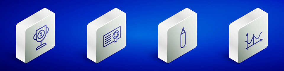 Set Isometric line Award cup, Certificate template, Marker pen and Graph, schedule, chart, diagram icon. Vector