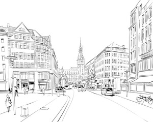 Hamburg Town Hall. Germany. Hand drawn sketch. Vector illustration. 