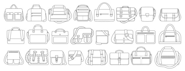 Men bag vector outline set icon. Isolated outline set icon leather satchel. Vector illustration men bag on white background.