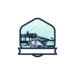 illustration of people fishing on the beach in a hexagon frame. fishing camp logo concept.