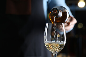 Bartender pouring white wine from bottle into glass indoors, closeup. Space for text - obrazy, fototapety, plakaty