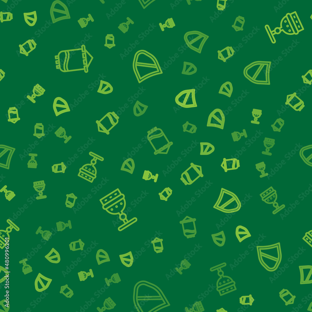 Poster set line medieval flag, goblet and shield on seamless pattern. vector