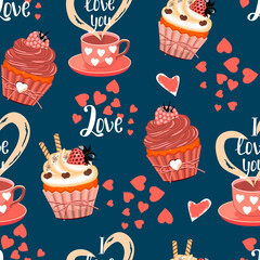 Seamless pattern with raspberry and strawberry cupcakes , cups with hearts and hand lettered text .Background and texture for printing on fabrics and paper. Hand drawn illustration for Valentines day.