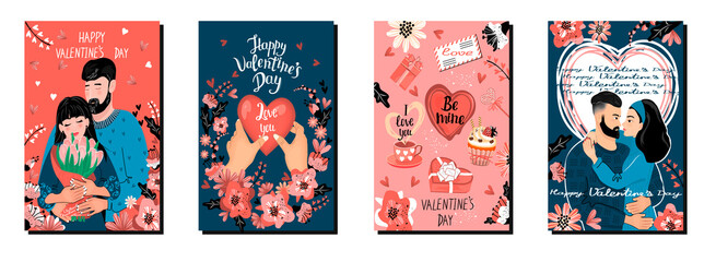 Fototapeta premium Collection of postcards about the love story of happy romantic couple.Hugging characters, stylish flowers,sweet gifts and hand lettered text.Hand drawn cute illustration for Valentines Day concept.