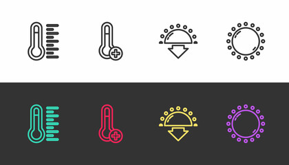 Set line Meteorology thermometer, , Sunset and on black and white. Vector