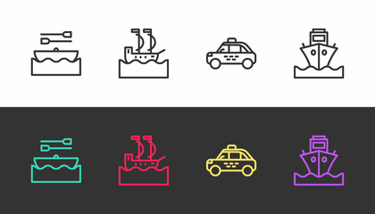 Set line Boat with oars, Sailboat, Taxi car and Cargo ship on black and white. Vector