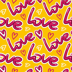 Seamless vector pattern - Love. Cute pattern with the word love and hearts. Seamless background for stationery, posters, postcards, notebooks, fabrics.