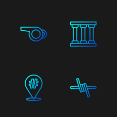 Set line Barbed wire, Protest, Whistle and Prison window. Gradient color icons. Vector