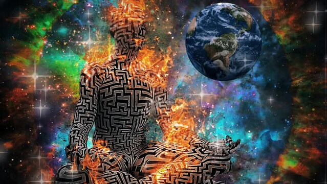 Surrealism. Burning figure of man with maze pattern in lotus pose. Vivid universe on background