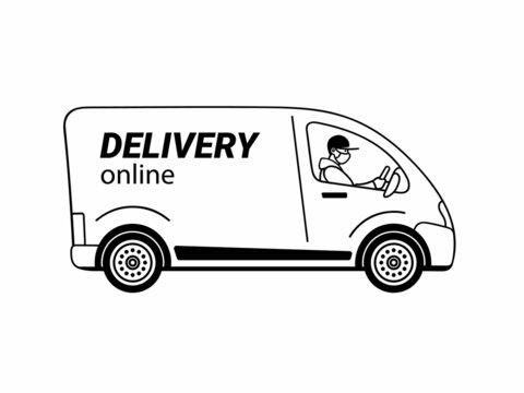 Courier in face mask driving delivery truck. Online delivery service. Hand drawn graphic vector illustration.