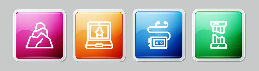 Set line Rock stones, Online museum, Museum audio guide and Broken ancient column. Colorful square button. Vector