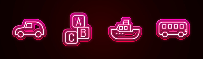 Set line Toy car, ABC blocks, boat and Bus toy. Glowing neon icon. Vector