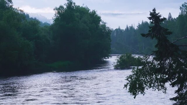 Middle Siberia, Krasnoyarsk Territory. Hilly (coniform hill) river bank, pour. Taiga mixed forests, fores meadows