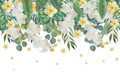 Hand drawn flowers and leaves of tropical plants. Seamless line horizontal pattern with watercolor exotic green tropical forest foliage and white orchid, frangipani on a white background. 