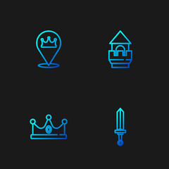 Set line Medieval sword, King crown, Location king and Castle tower. Gradient color icons. Vector