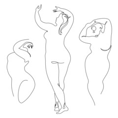 Collection. Beautiful woman figure silhouette in modern single line continuous style. The girl is fat and overweight. The lady is standing. Set of vector illustrations.