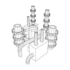 Industrial building factorie facilitie power plant with chimneys. Wireframe low poly mesh vector illustration.