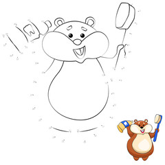 Point to point game. Draw a line. Hamster with toothbrush and toothpaste. For kids. Worksheet. Coloring book. Cartoon character.