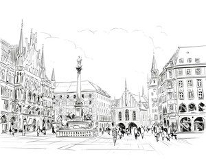 Munich. New town hall. Marienplatz. Germany. Hand drawn sketch. Vector illustration. 