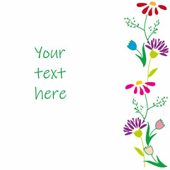 Vector background with hand drawn flowers, leaves. Colorful simple design for invitations, greeting cards.