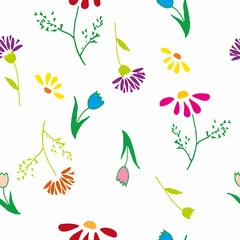 Fototapeta na wymiar Seamless vector pattern with hand drawn flowers, leaves. Colorful design for children's room, clothes.