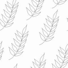 Seamless hand drawn pattern in vector with single twigs with leaves. Black and white design.