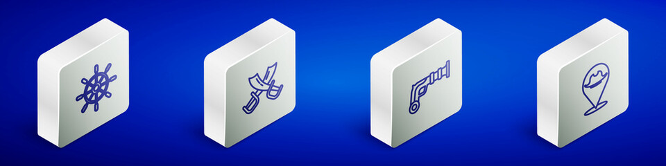 Set Isometric line Ship steering wheel, Crossed pirate swords, Vintage pistols and Location icon. Vector